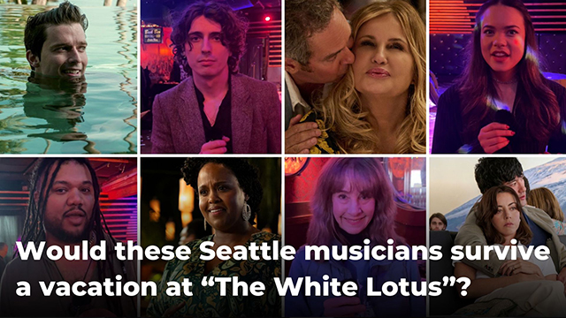Photo collage of White Lotus actors and Seattle musicians